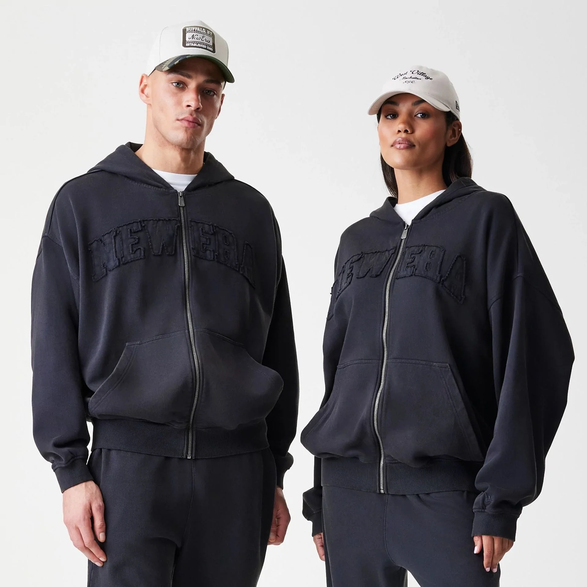 New Era Washed Black Oversized Full Zip Hoodie