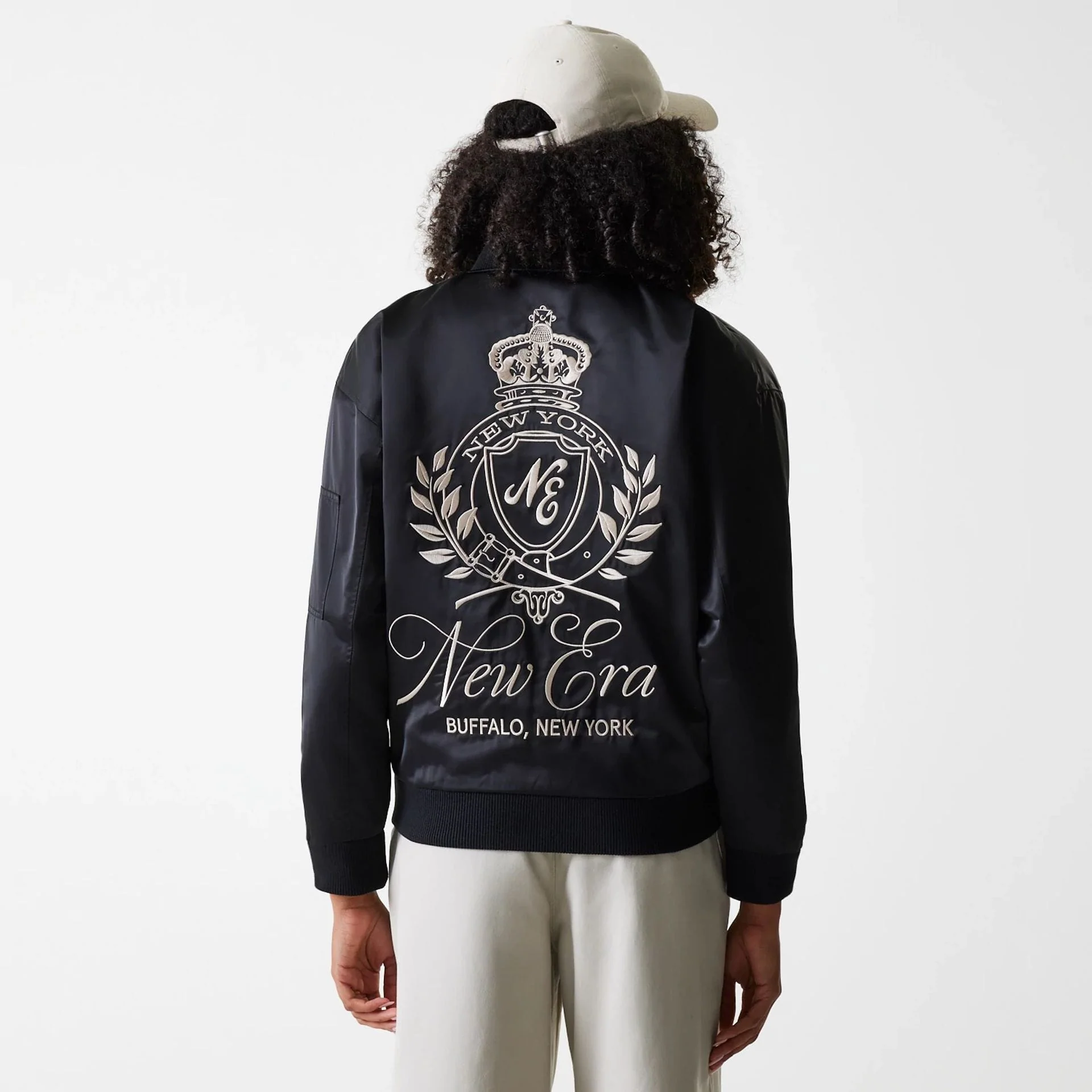 Womens New Era Black Satin Bomber Jacket