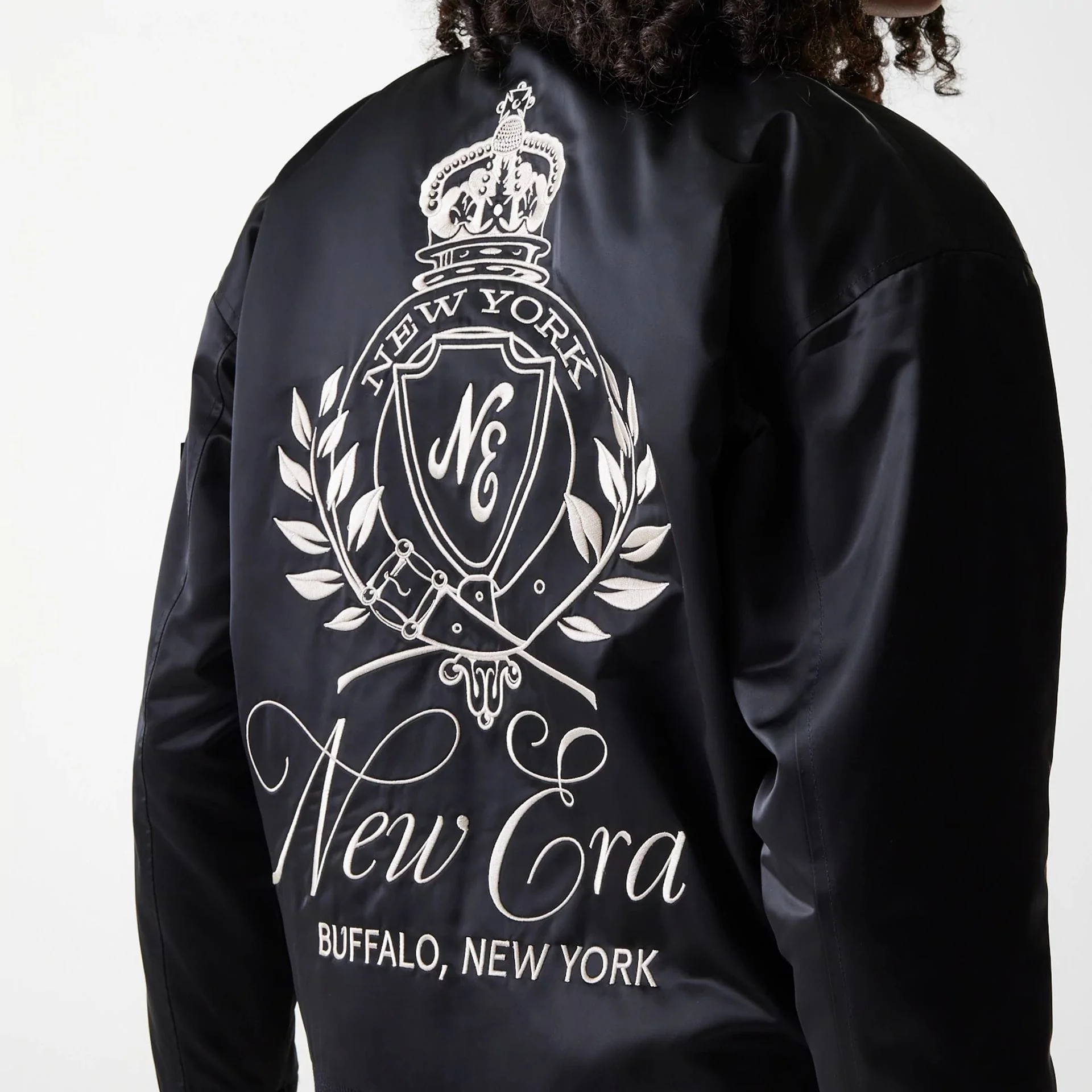 Womens New Era Black Satin Bomber Jacket