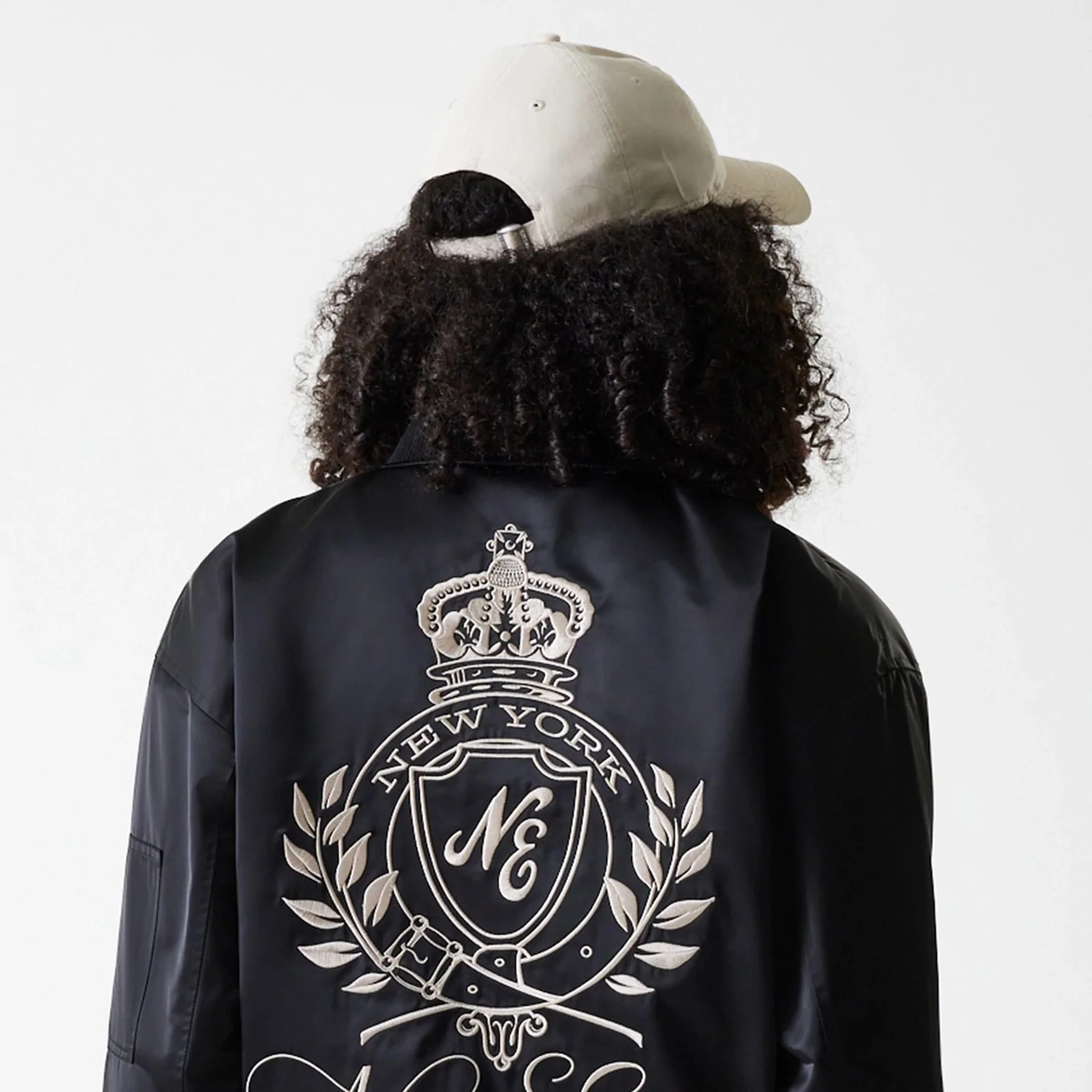 Womens New Era Black Satin Bomber Jacket