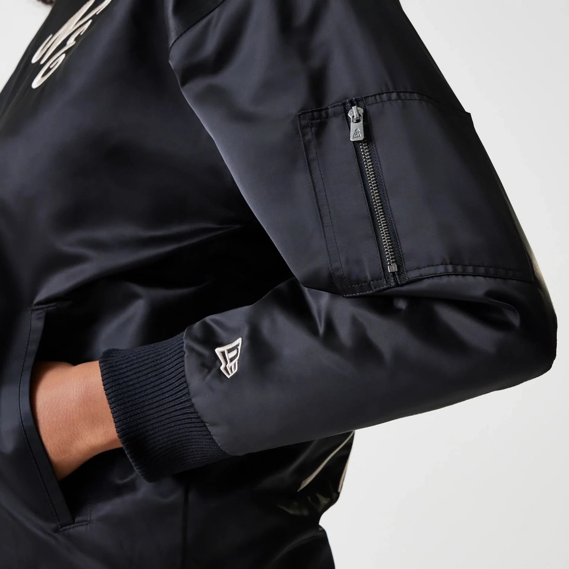 Womens New Era Black Satin Bomber Jacket
