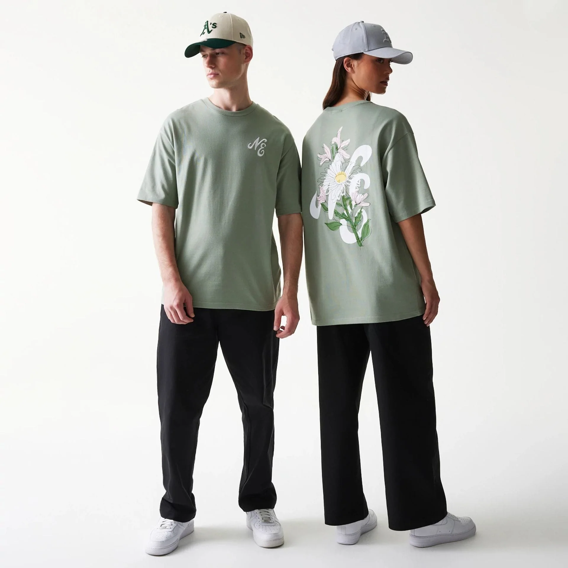 New Era Floral Graphic Pastel Green Oversized T-Shirt