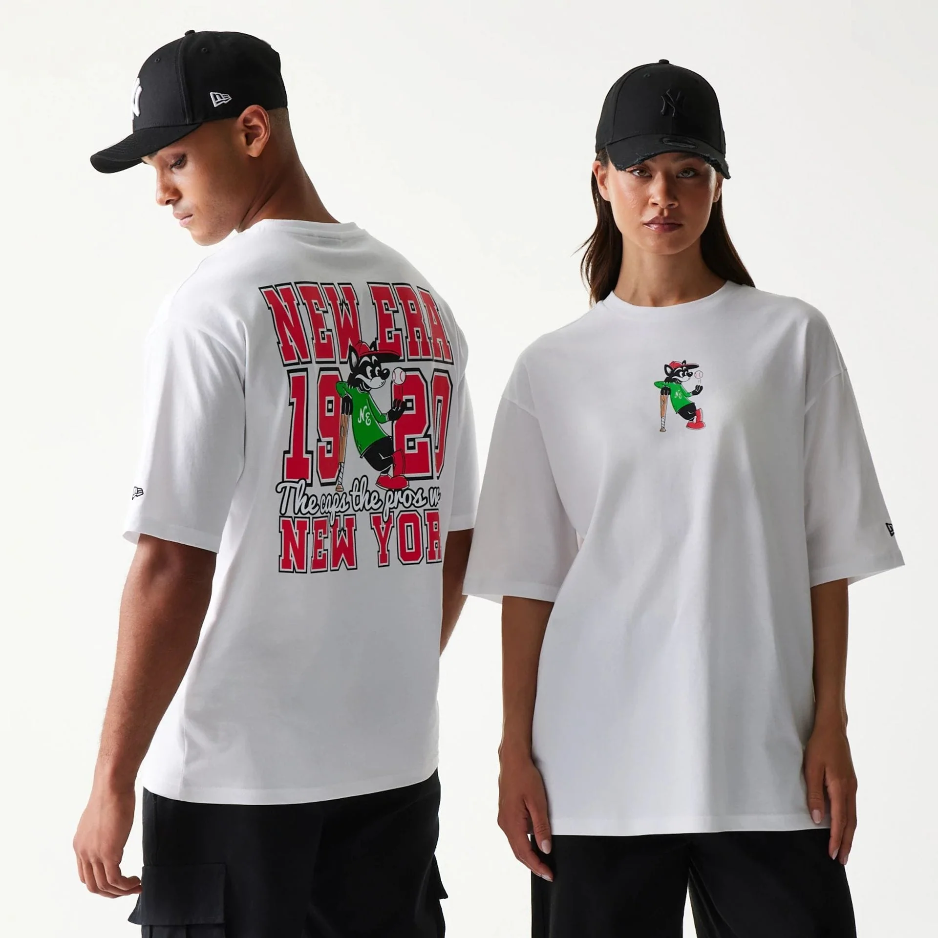 New Era Baseball Cat Character Graphic White Oversized T-Shirt