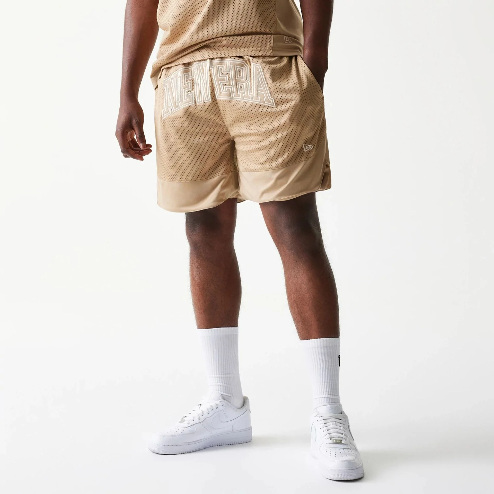 New Era Mesh Graphic Light Beige Oversized Shorts