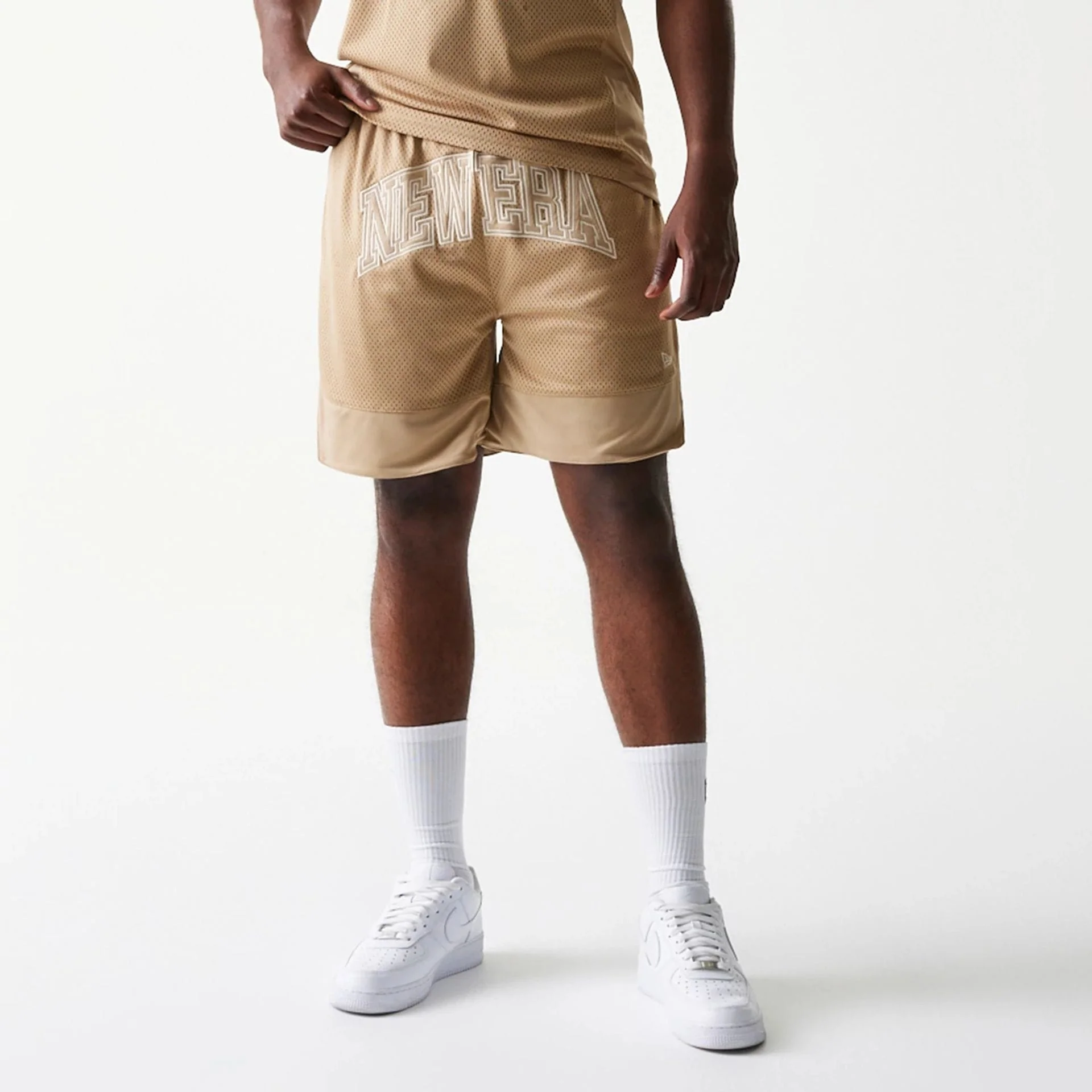 New Era Mesh Graphic Light Beige Oversized Shorts