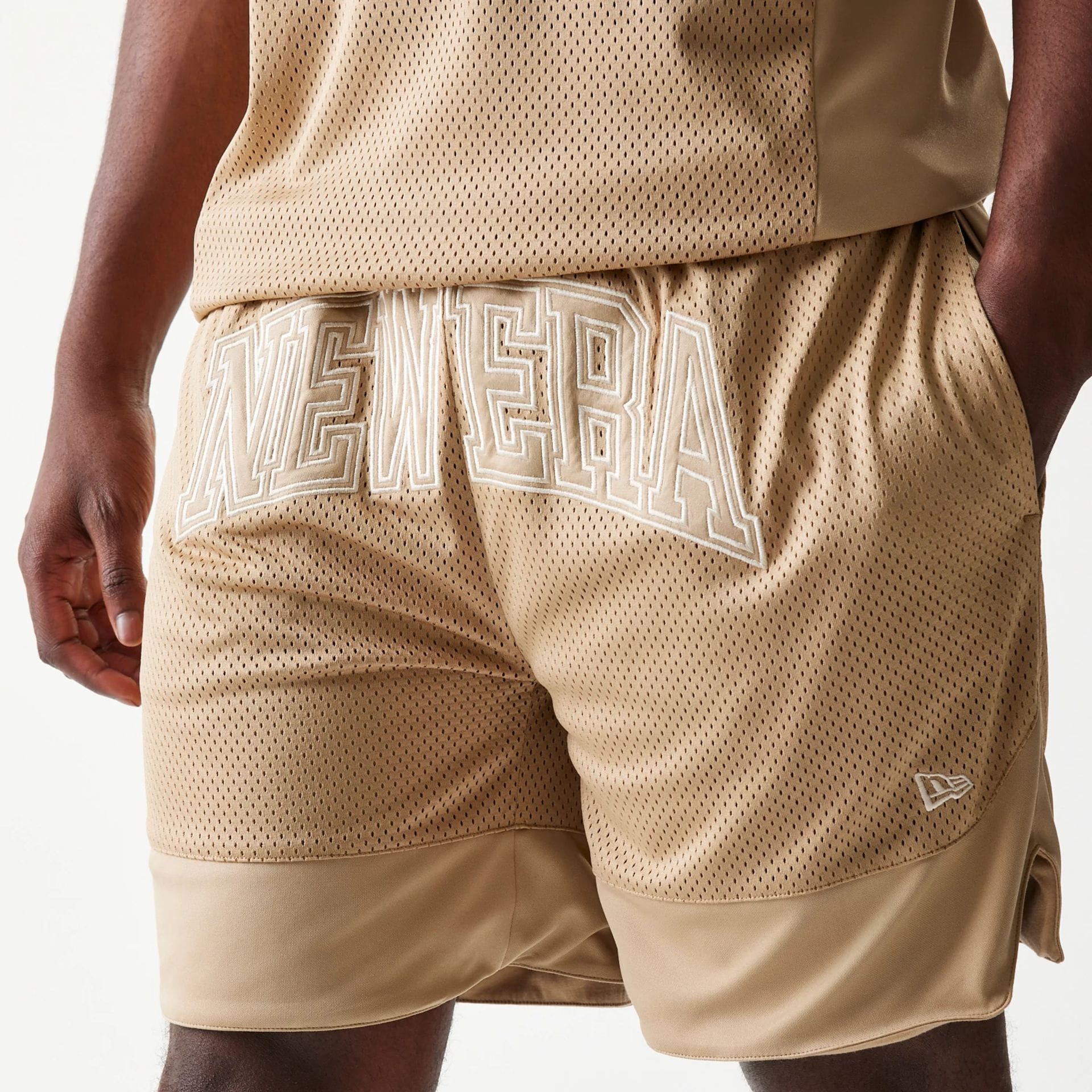 New Era Mesh Graphic Light Beige Oversized Shorts