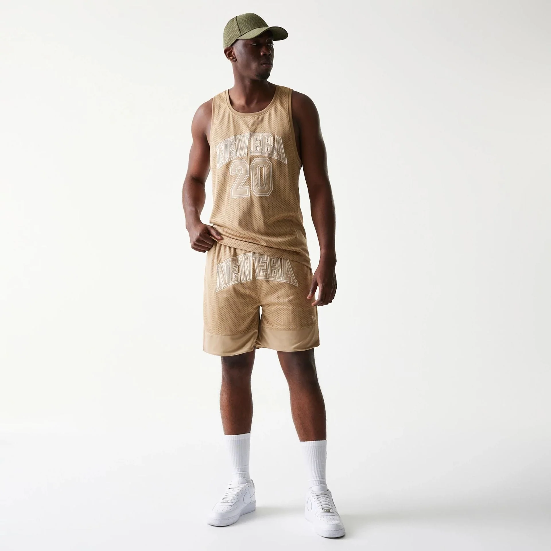 New Era Mesh Graphic Light Beige Oversized Shorts