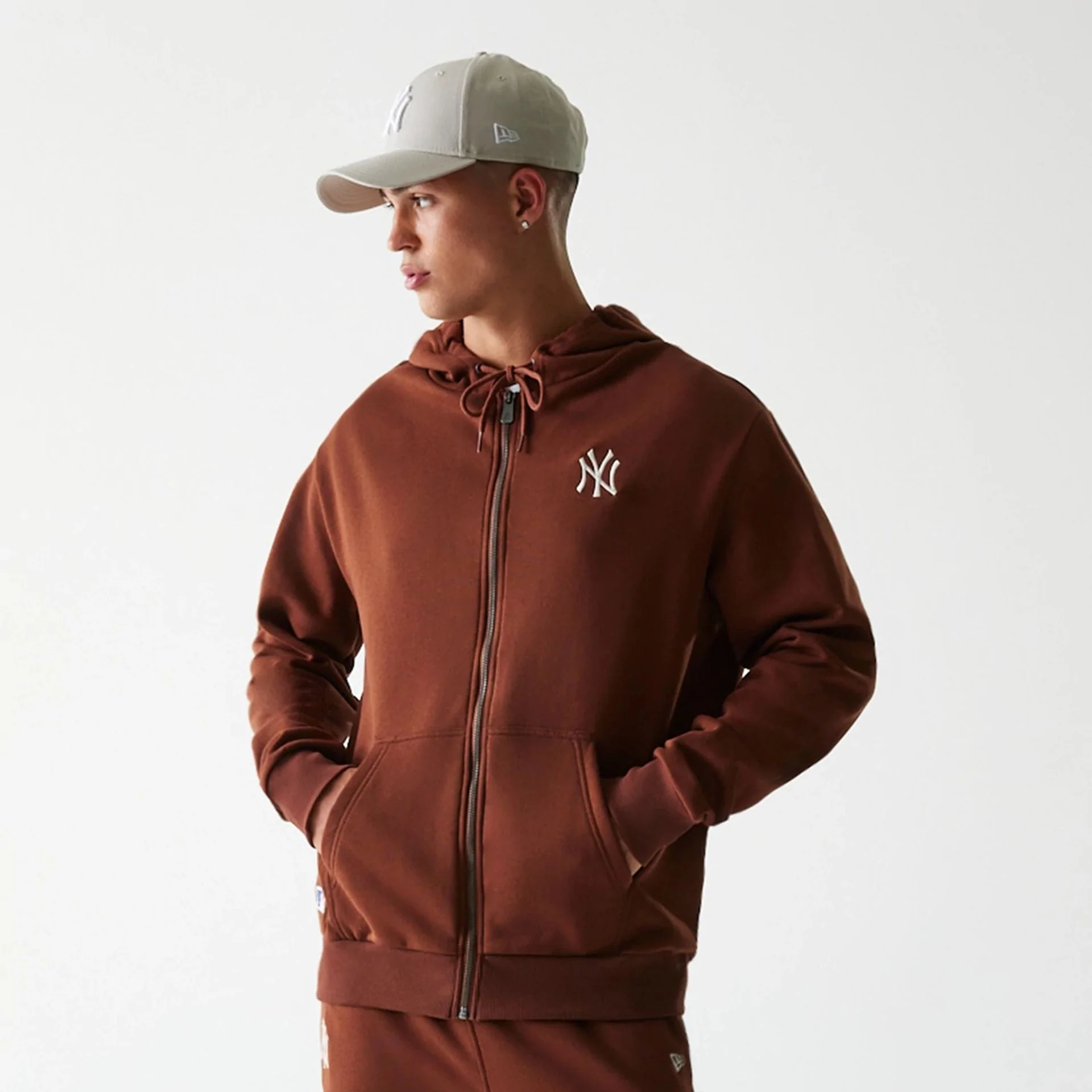 New York Yankees MLB Midi League Essential Brushed Fleece Brown Oversized Full Zip Hoodie
